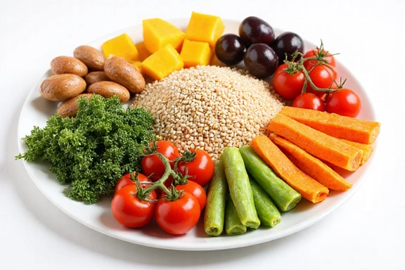 Talíř s barevnými, zdravými potravinami, jako jsou zelenina, ovoce a celozrnné obiloviny.