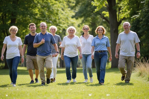 Lidé na procházce v přírodě symbolizující vitalitu a zdraví